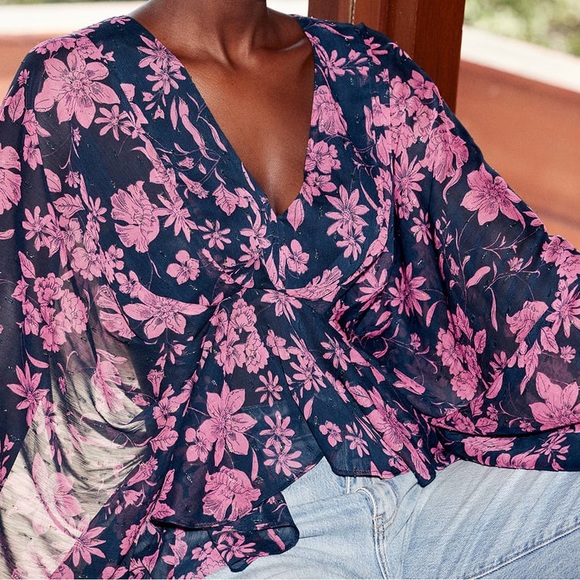 NEW Midnight Blue Floral Print Long Sleeve Top - Picture 2 of 8